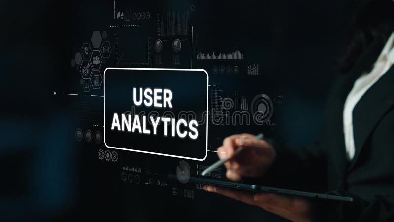 Person analyserar användardata på en surfplatta framför digitala diagram